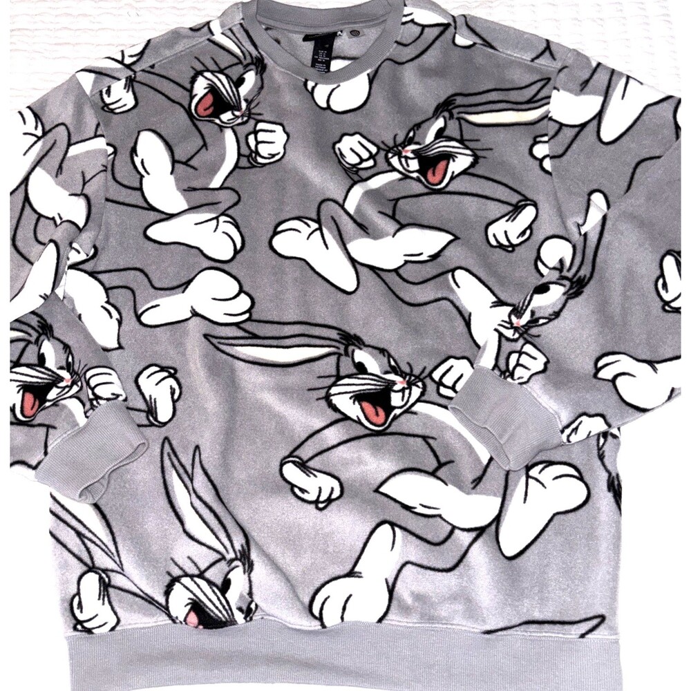 H&M Men's Gray Crewneck Pullover Fleece Bugs Bunny Graphic Relaxed Fit Medium